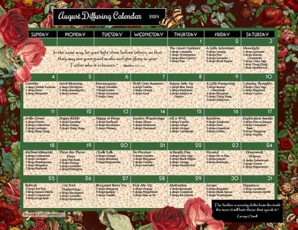 August 2024 Essential Oils Diffusing Calendar